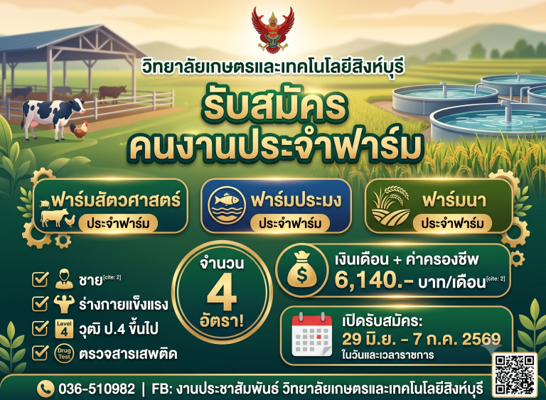 วิทยาลัยเกษตรและเทคโนโลยีสิงห์บุรี รับสมัครคนงานประจำฟาร์ม 4 อัตรา!